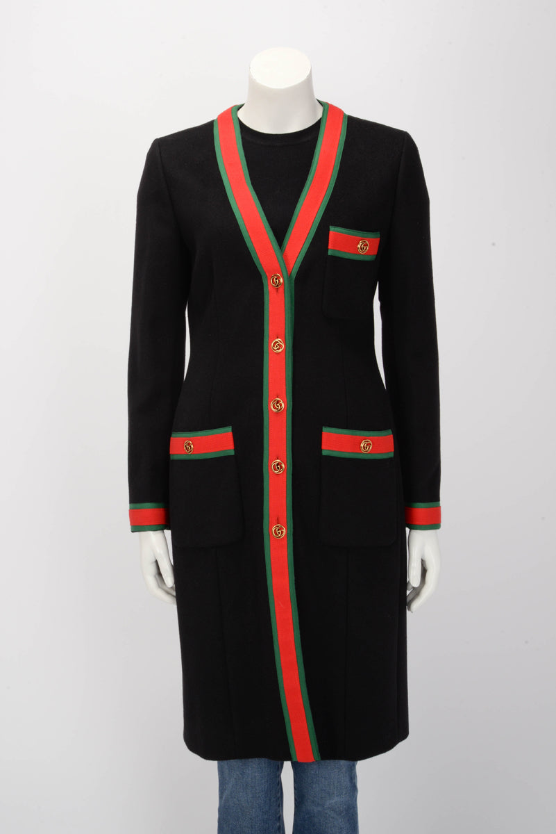 Gucci Black Wool GG Web Trim Longline Coat IT 42