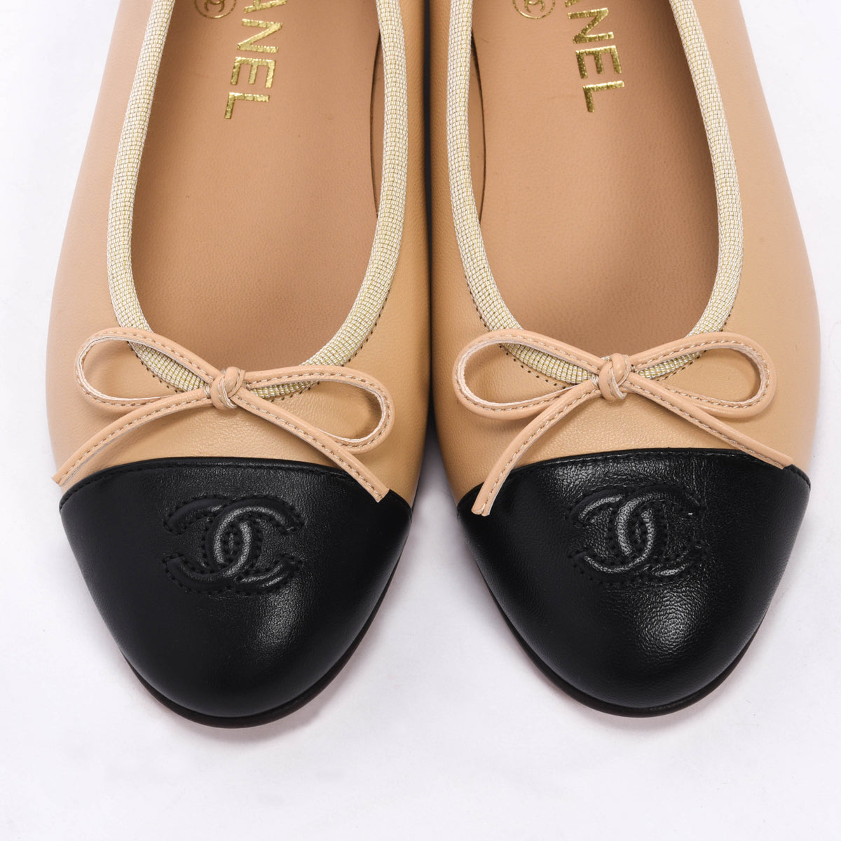 Chanel Beige & Black Lambskin CC Ballet Flats 36