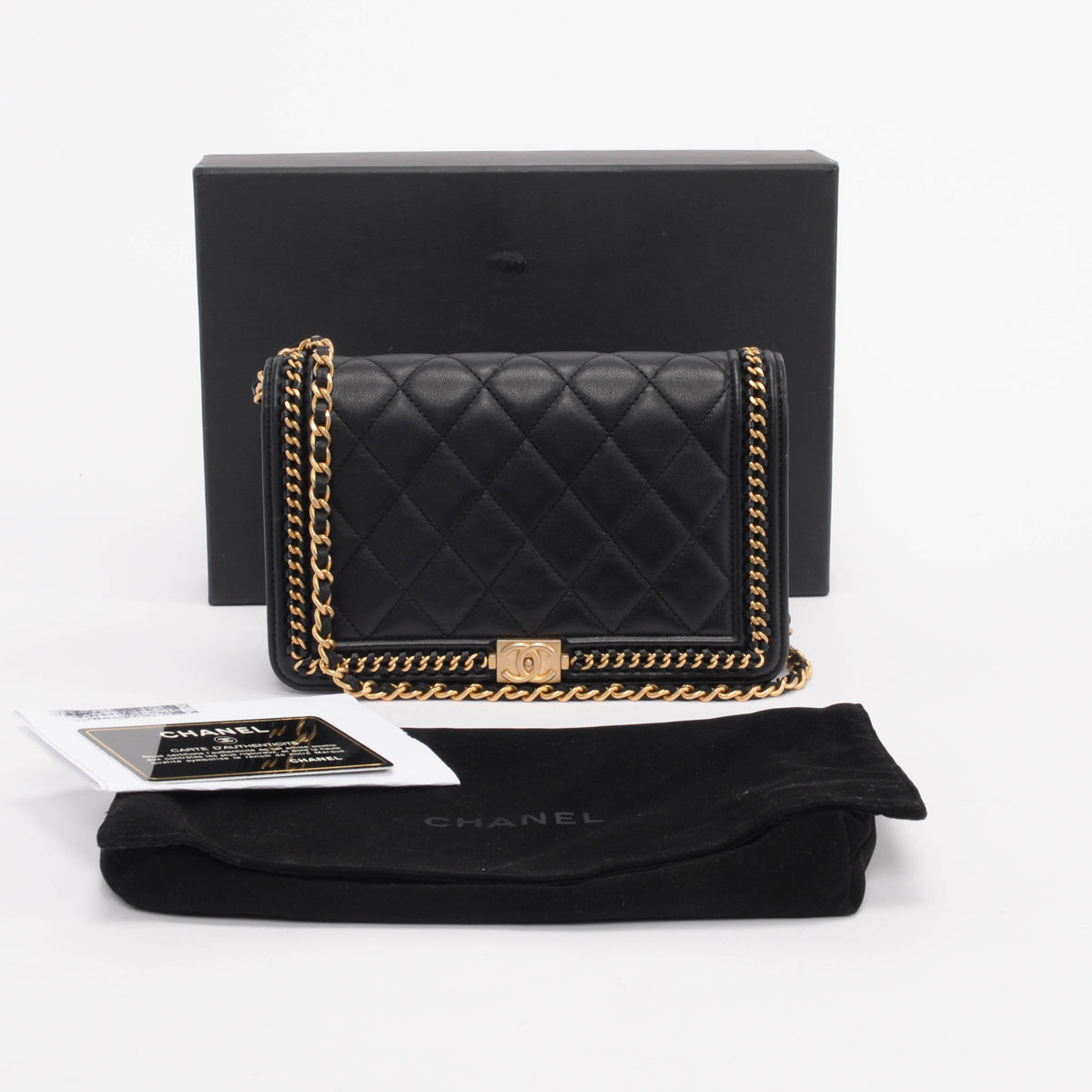 Chanel Black Lambskin Chain Around Boy Wallet On Chain