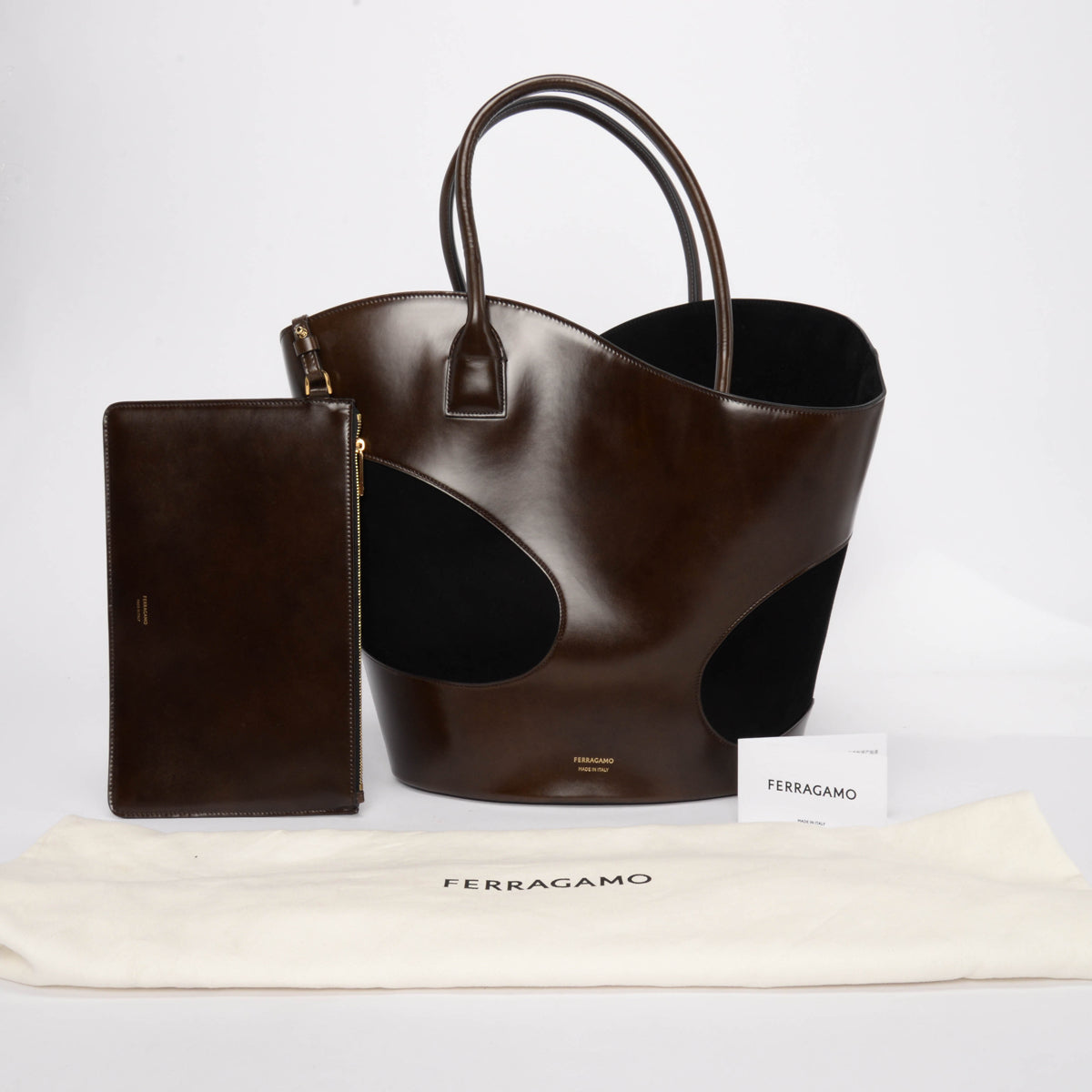 Ferragamo Brown & Black Calfskin & Suede Large Cut-Out Tote