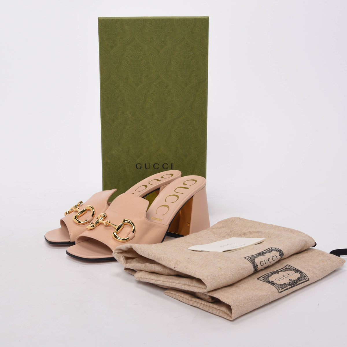 Gucci Pale Pink Calfskin Horsebit Slide Sandals 37.5