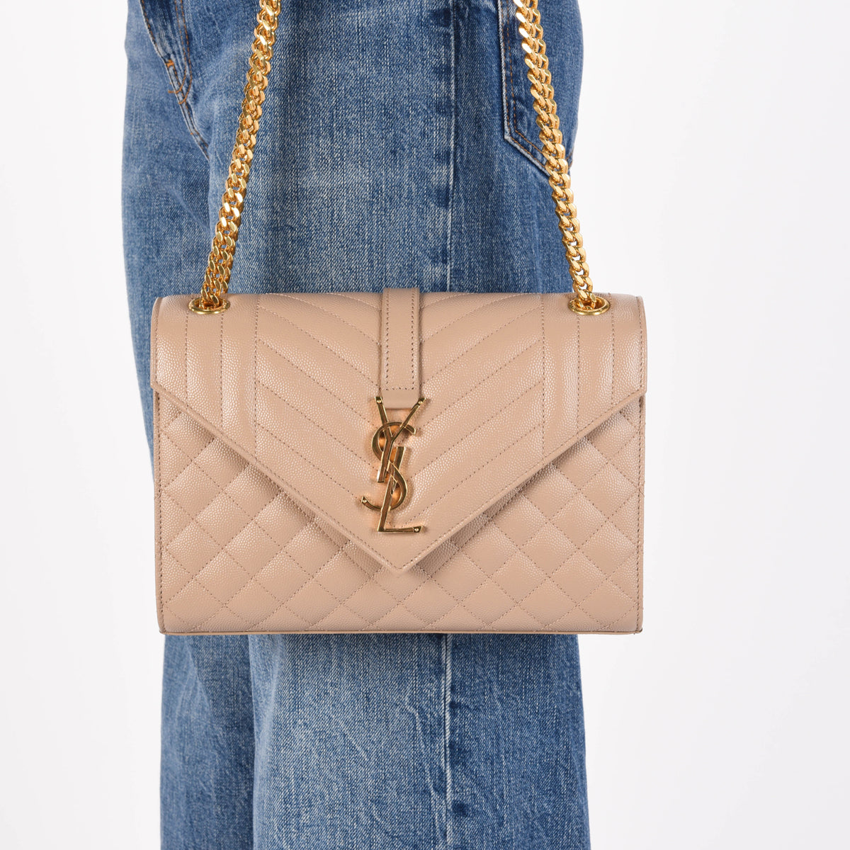 Saint Laurent Beige Grain de Poudre Mix Matelasse Medium Envelope Bag