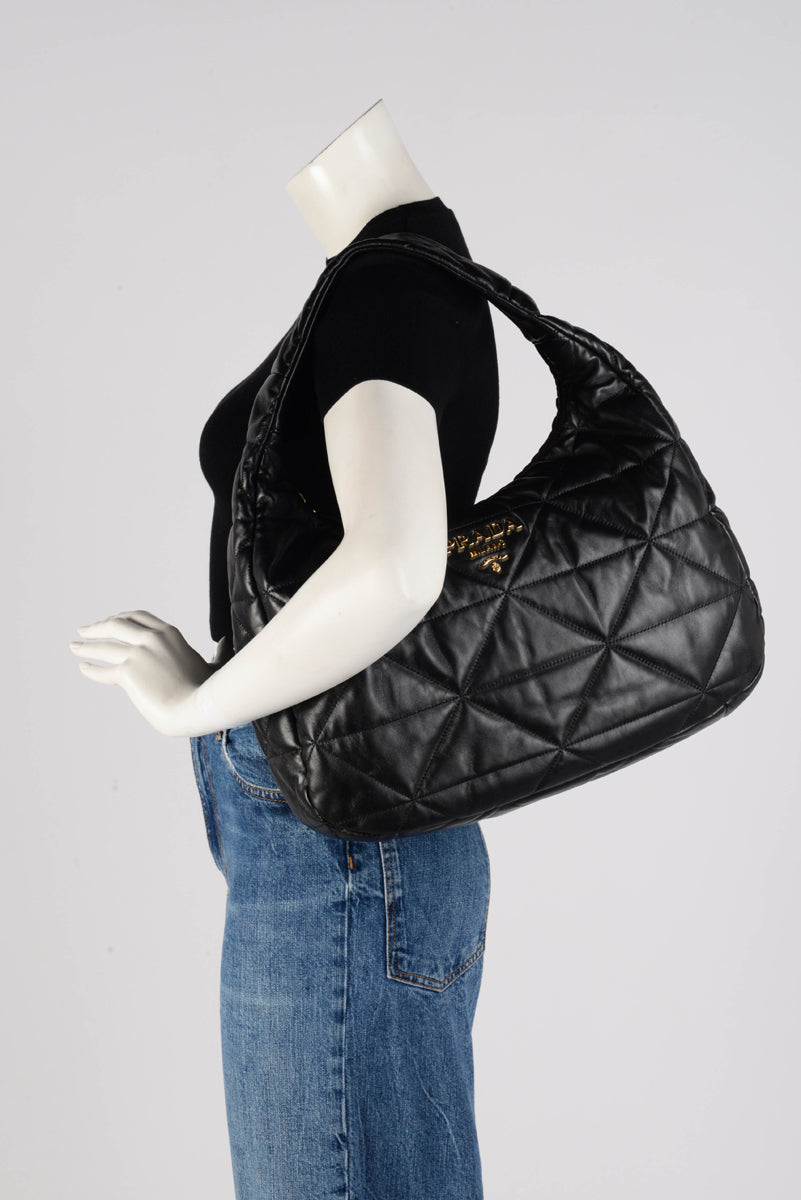 Prada Black Nappa Stitched Large Hobo Bag