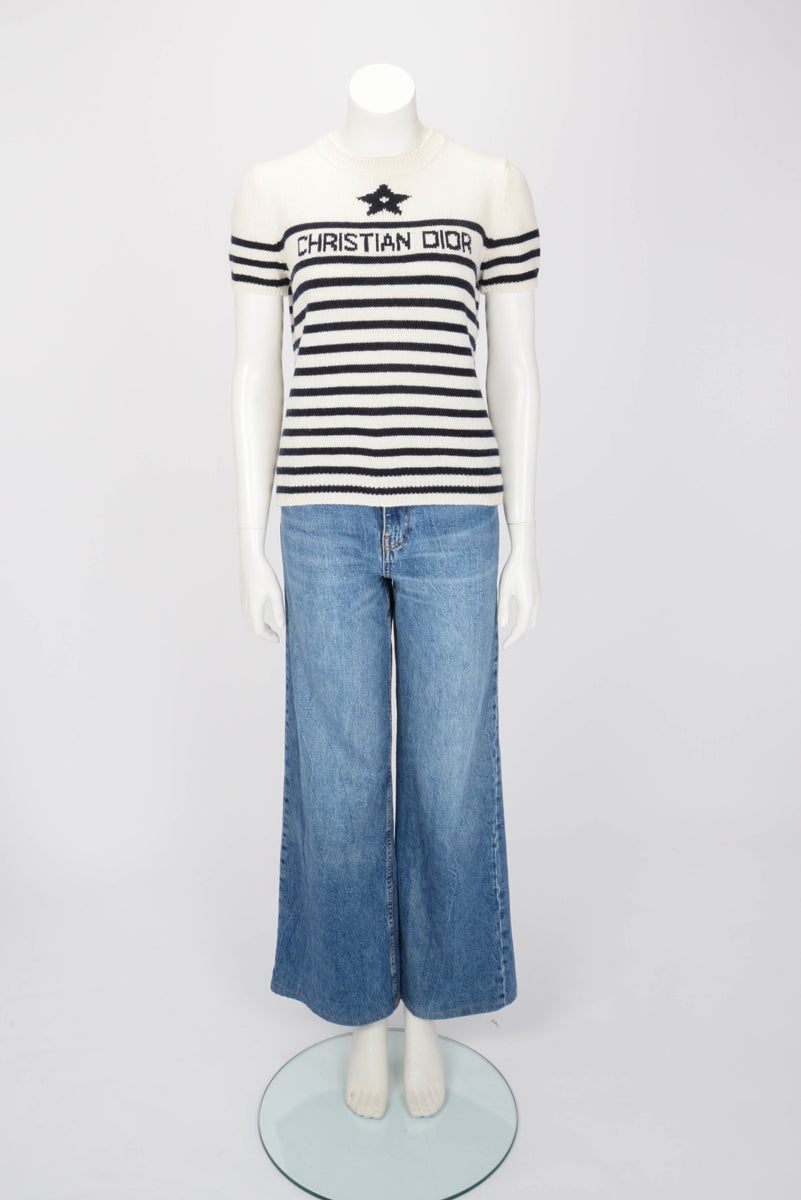Dior Ecru & Navy Cashmere Knit Dioriviera Short Sleeve Sweater FR 42