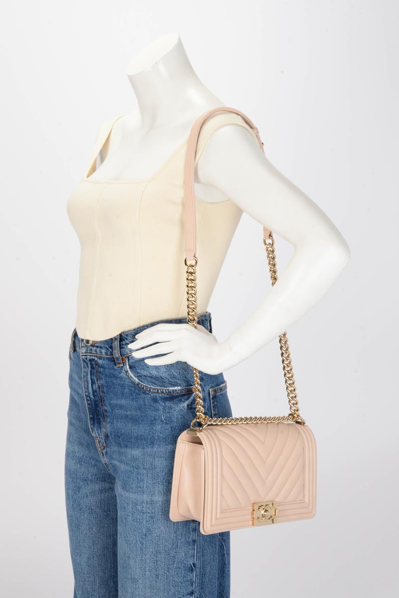 Chanel Beige Chevron Lambskin Old Medium Boy Bag
