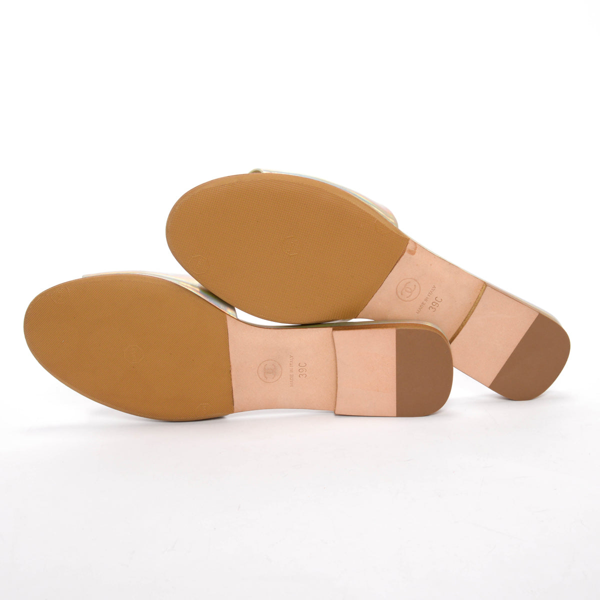 Chanel Champagne Iridescent Leather CC Pearl Slides 39