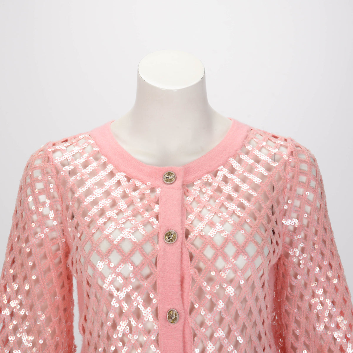 Chanel Pink Cashmere Sequin Quilt Cardigan FR 38