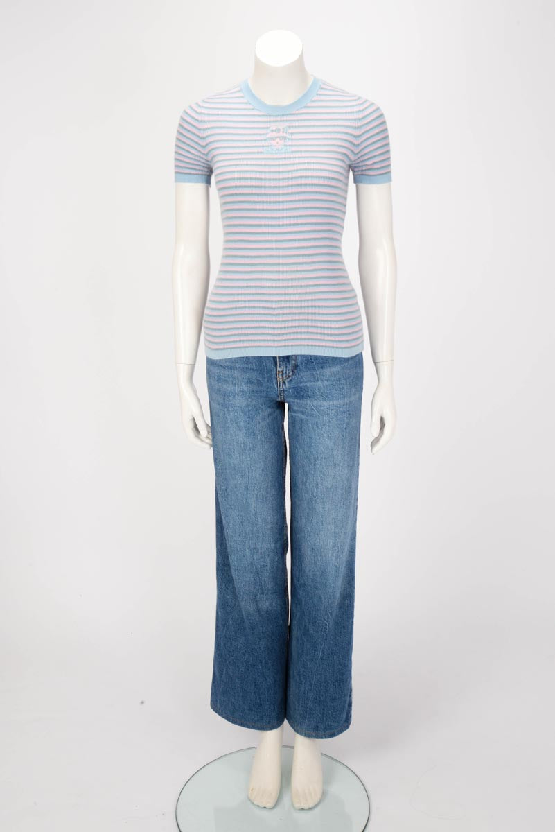 Chanel Blue Cashmere & Mohair Striped Short-Sleeved Top FR 38