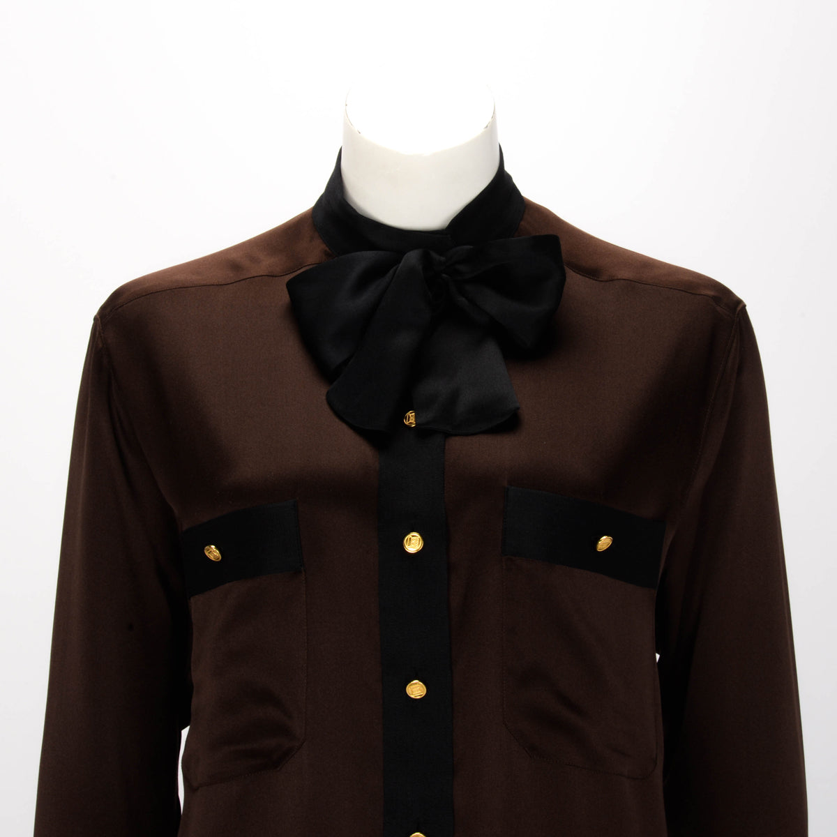 Chanel Brown Satin Tie Neck Blouse FR 38