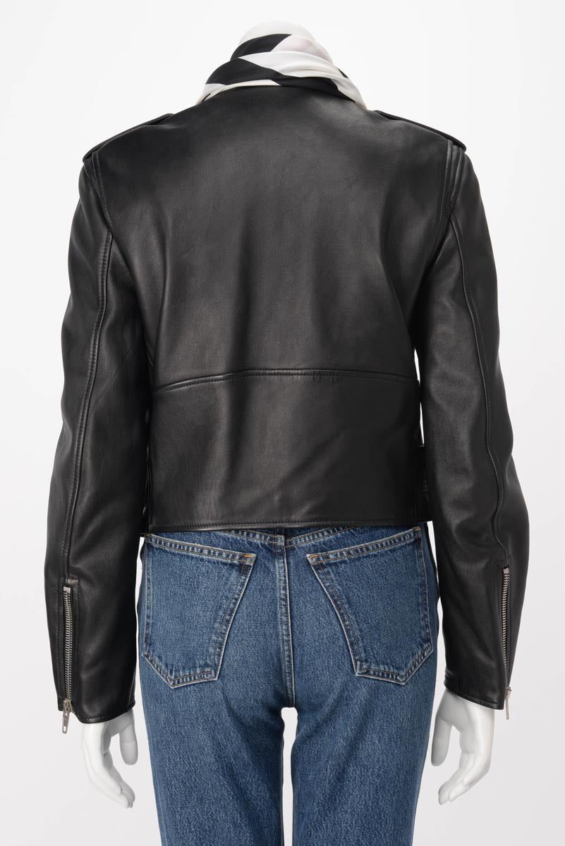Balenciaga Black Lambskin Detachable Scarf Biker Jacket FR 40