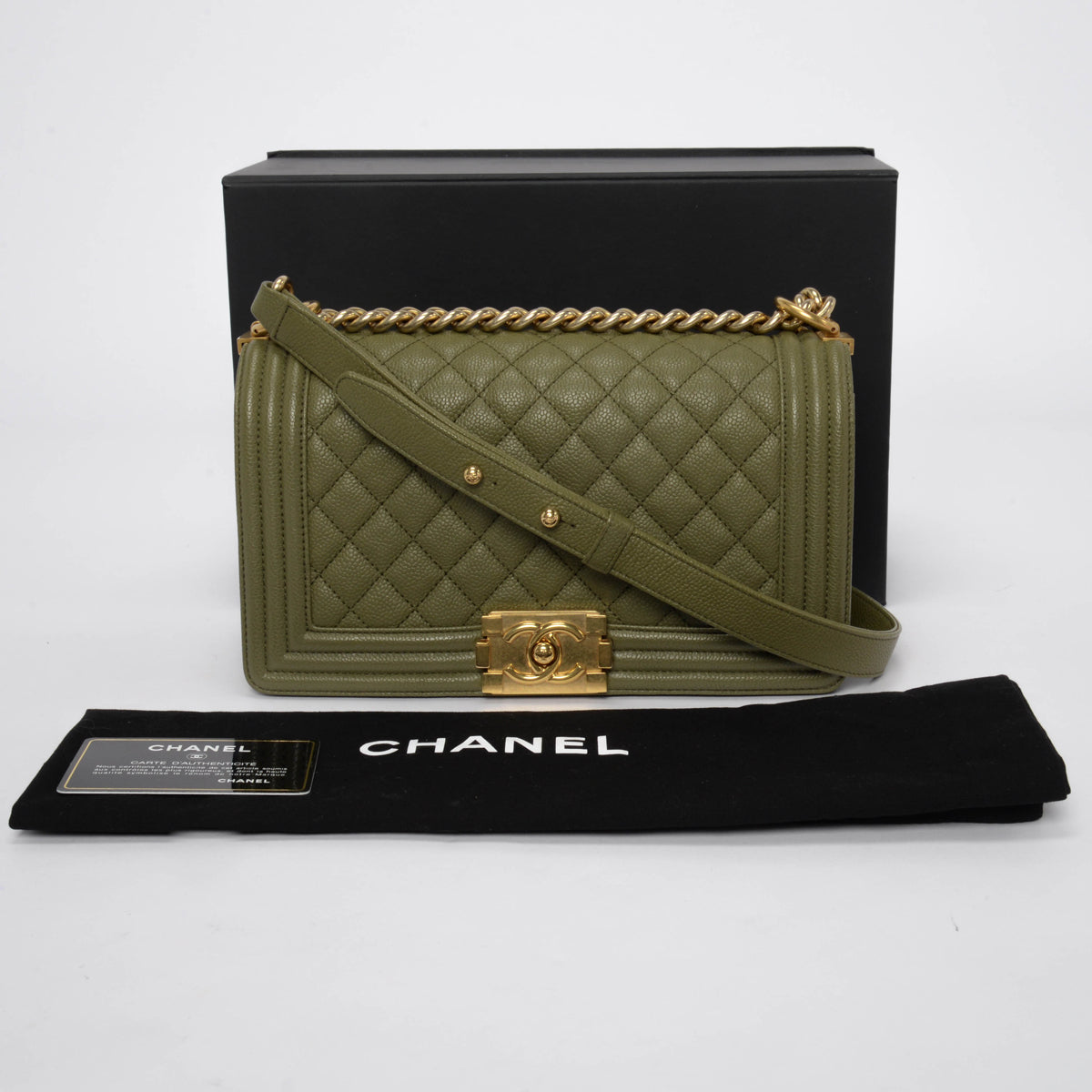 Chanel Khaki Green Quilted Caviar Old Medium Boy Bag