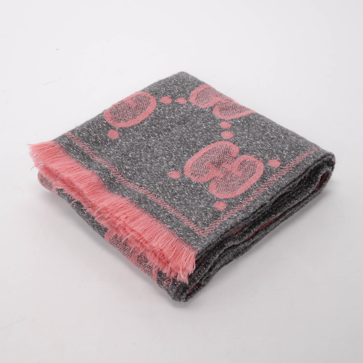 Gucci Pink & Grey Lame GG Jacquard Fringed Scarf