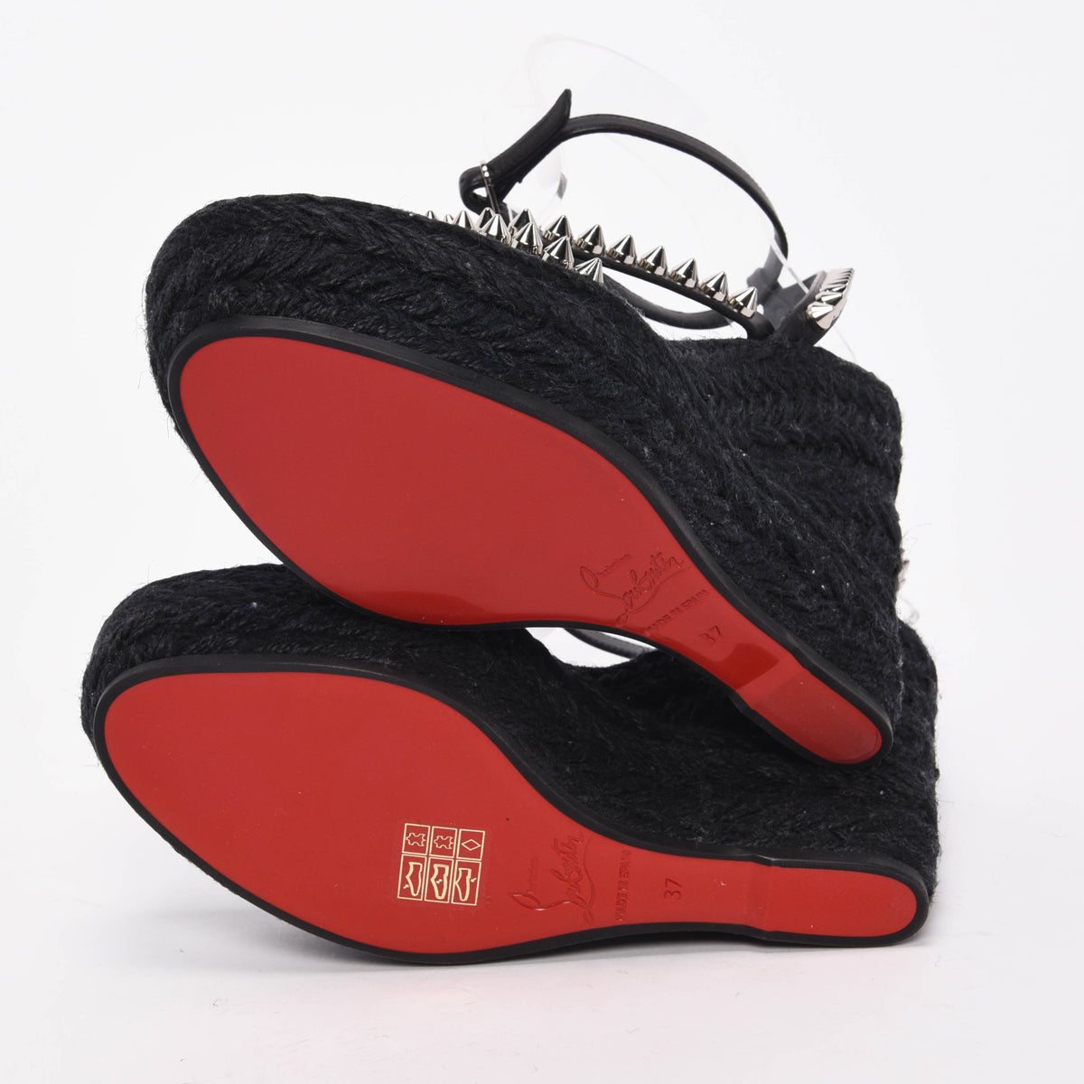 Christian Louboutin Black Raffia Mafaldina Zeppa Studded Wedges