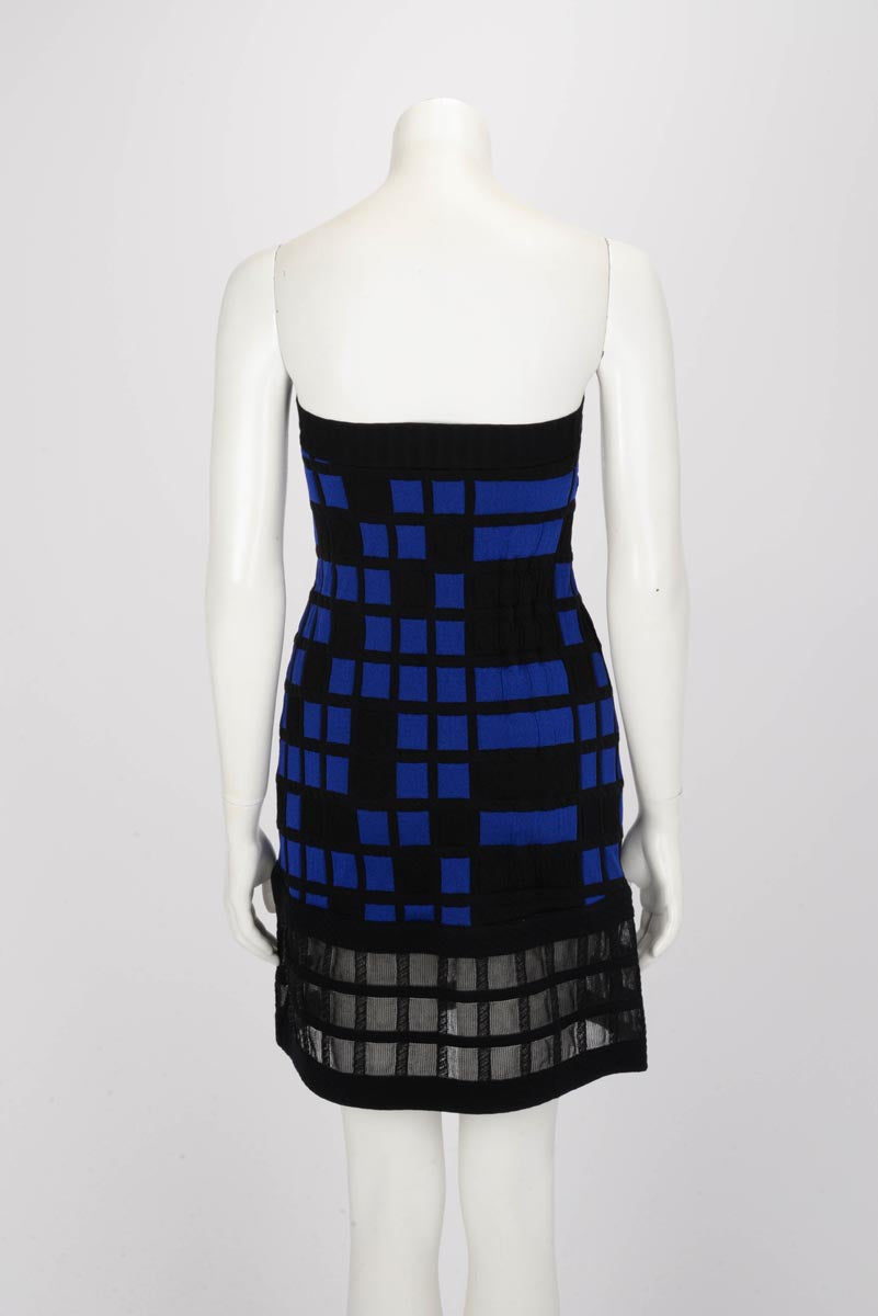 Chanel Black & Blue Check Intarsia Strapless Dress FR 38
