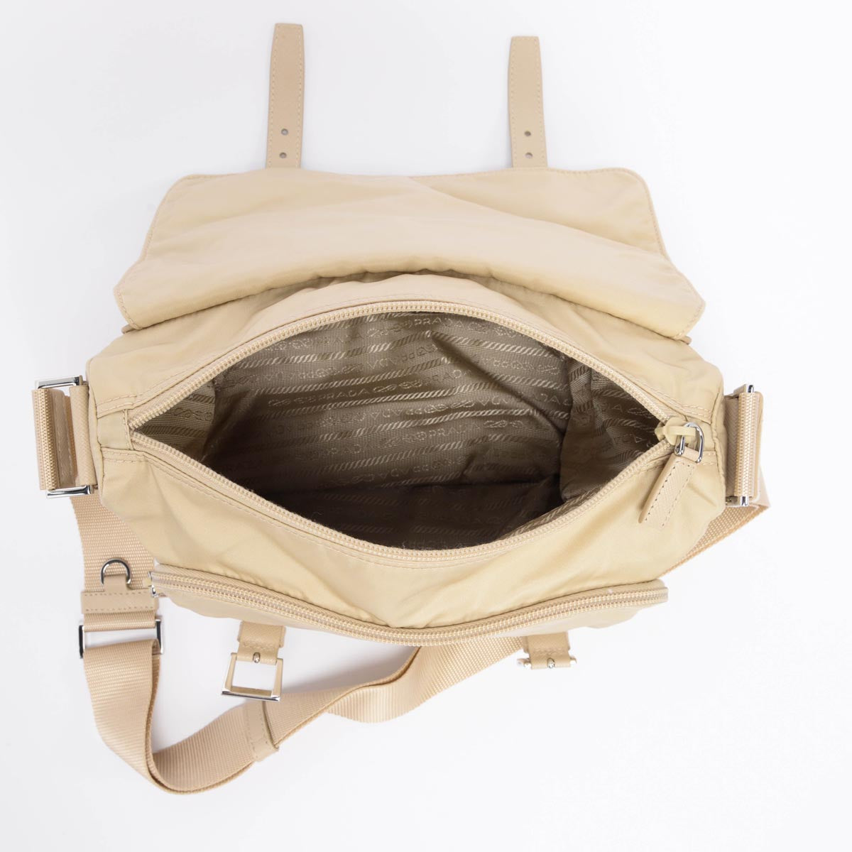 Prada Beige Re-Nylon Double Buckle Messenger Bag
