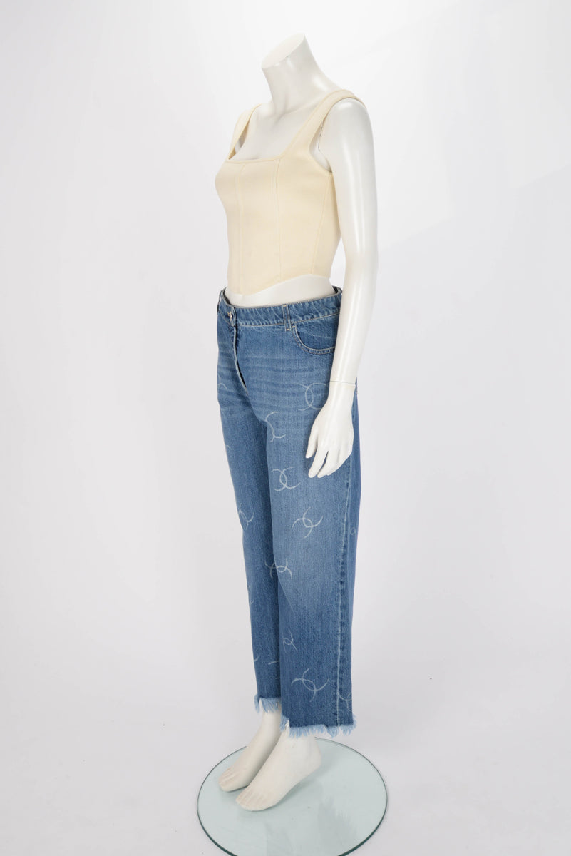 Chanel Blue Denim CC Frayed Hem Jeans FR 50
