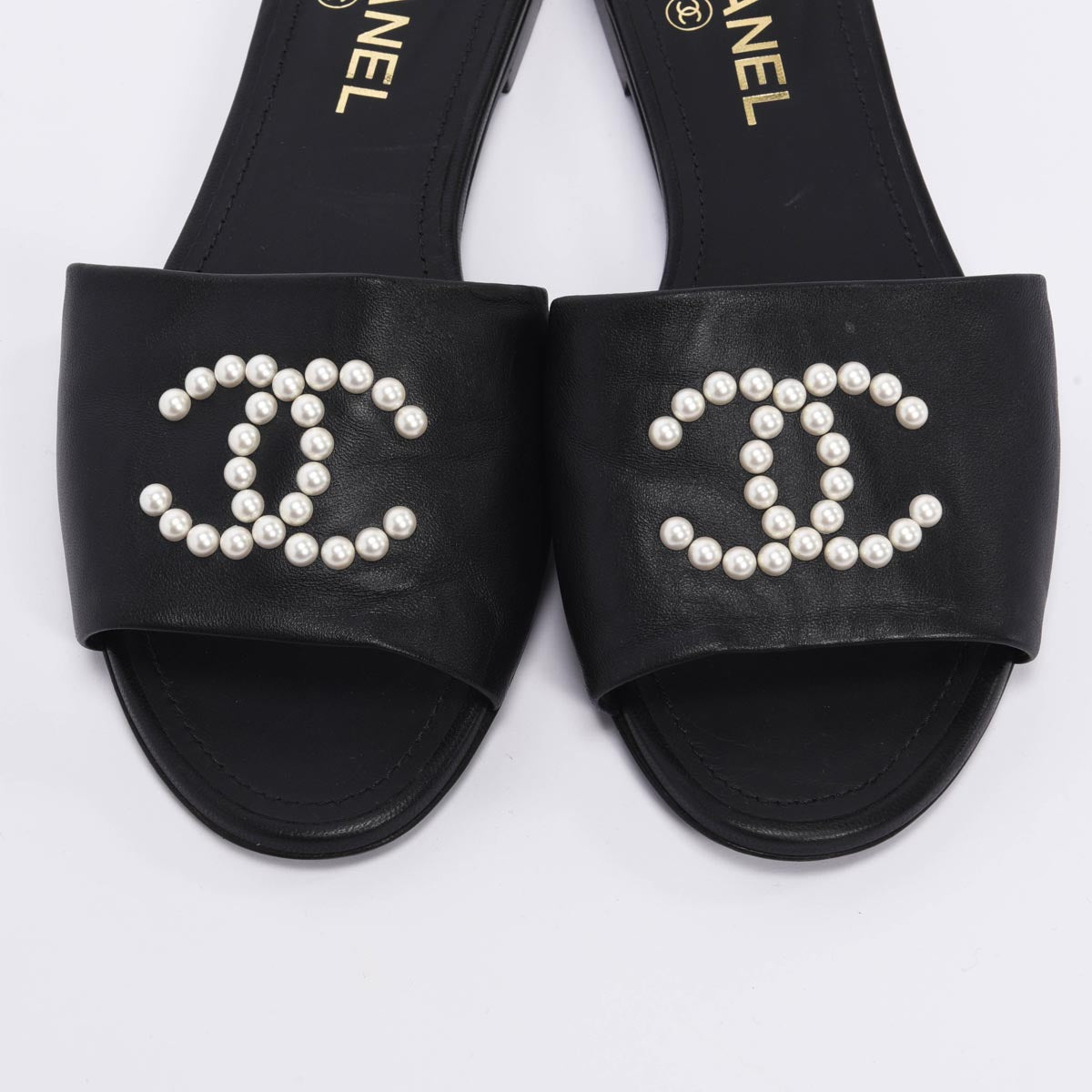 Chanel Black Lambskin CC Pearl Slides 38.5