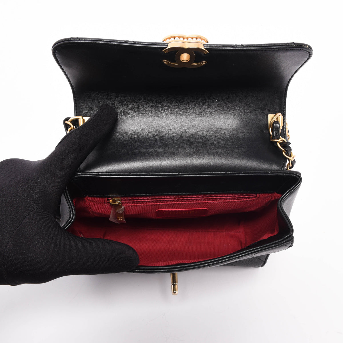 Chanel Black Calfskin Pearl Logo Top Handle Flap Bag