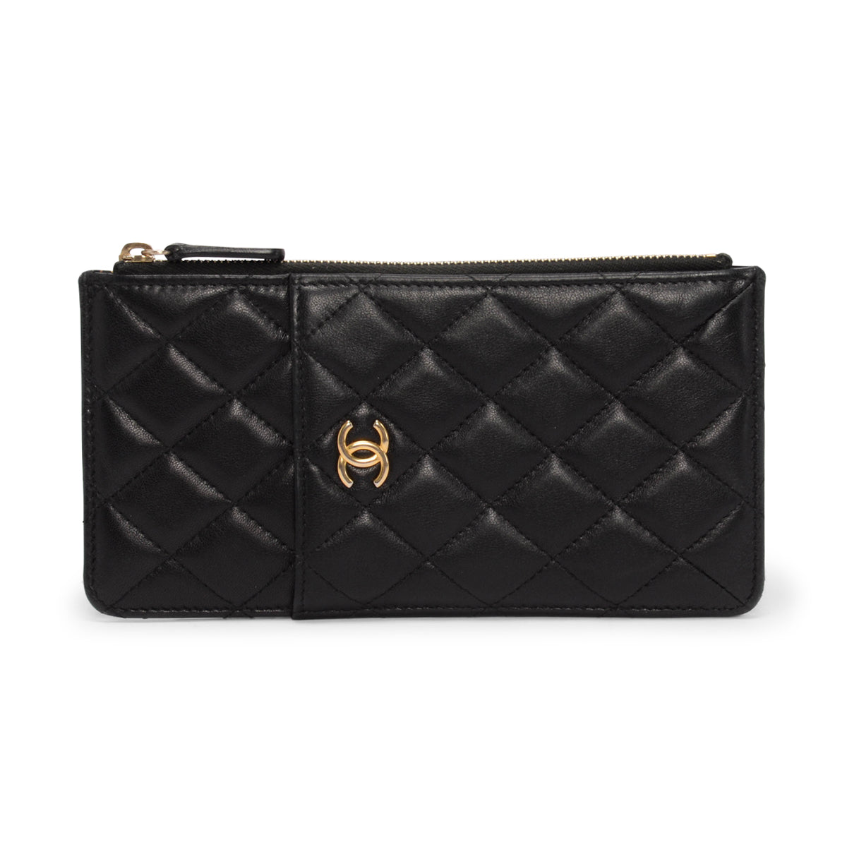 Chanel Black Lambskin CC Phone Holder Zip Wallet