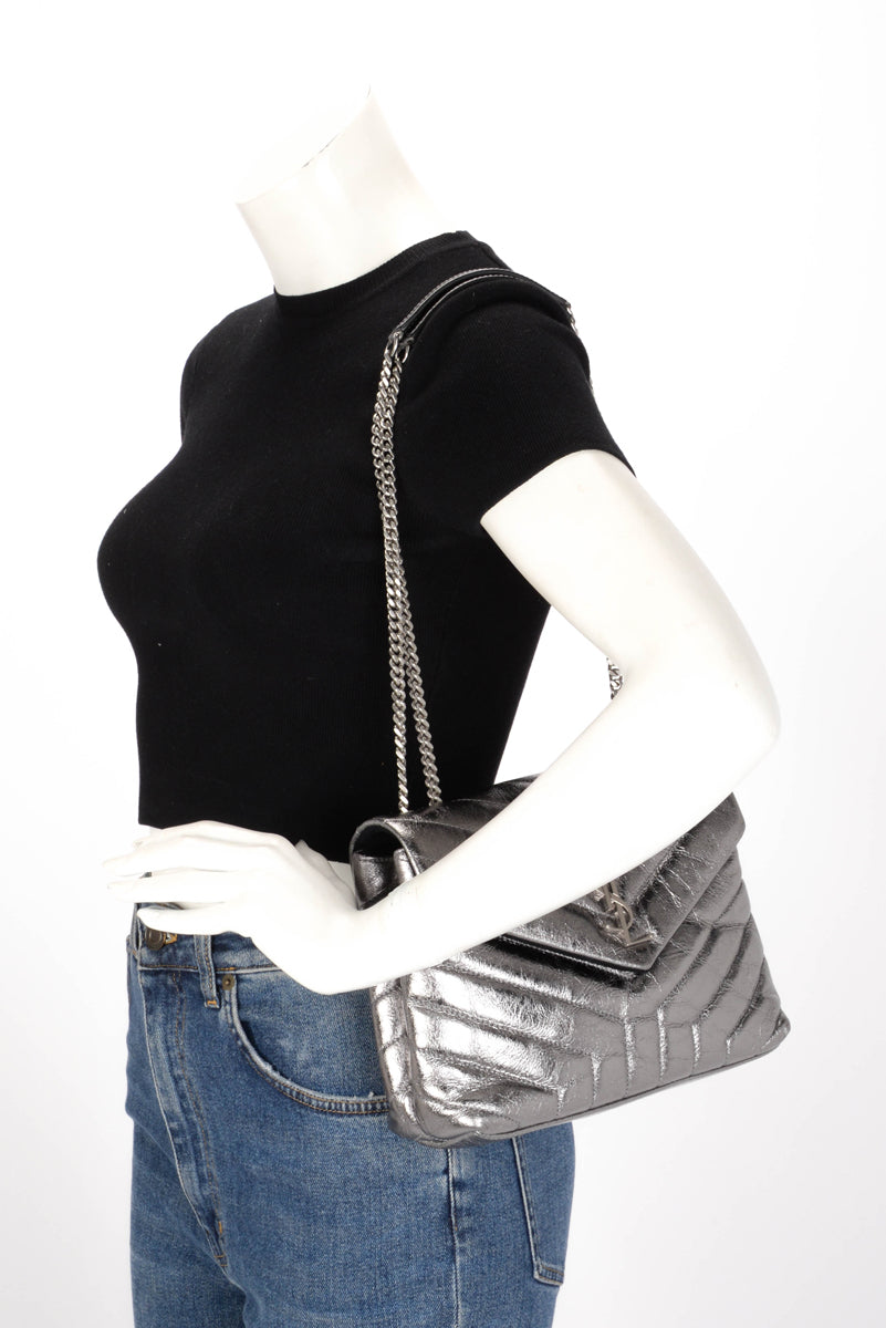 Saint Laurent Silver Metallic Chevron Small Lou Lou Bag