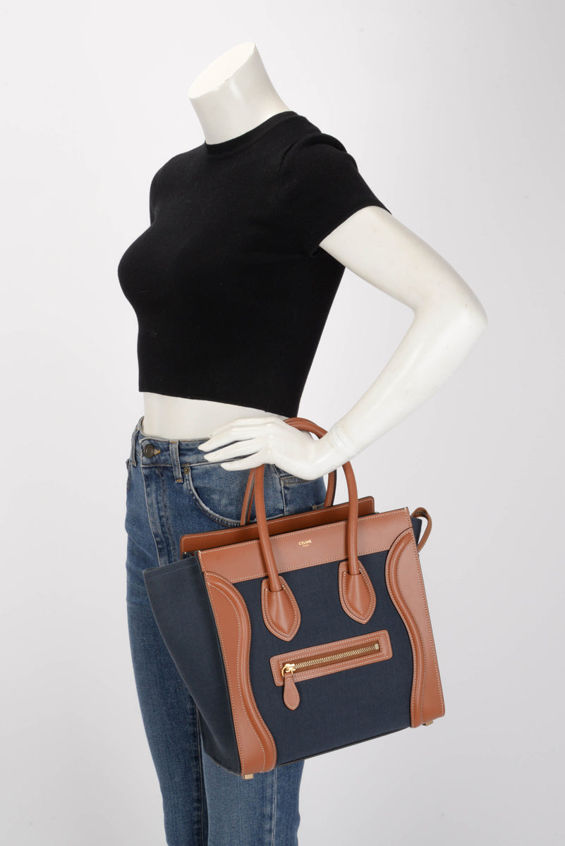 Celine Tan & Navy Canvas & Leather Micro Luggage Tote