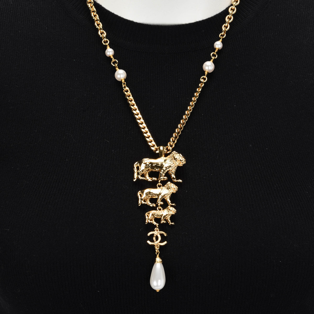 Chanel Gold Pearl 3 Lions CC Necklace