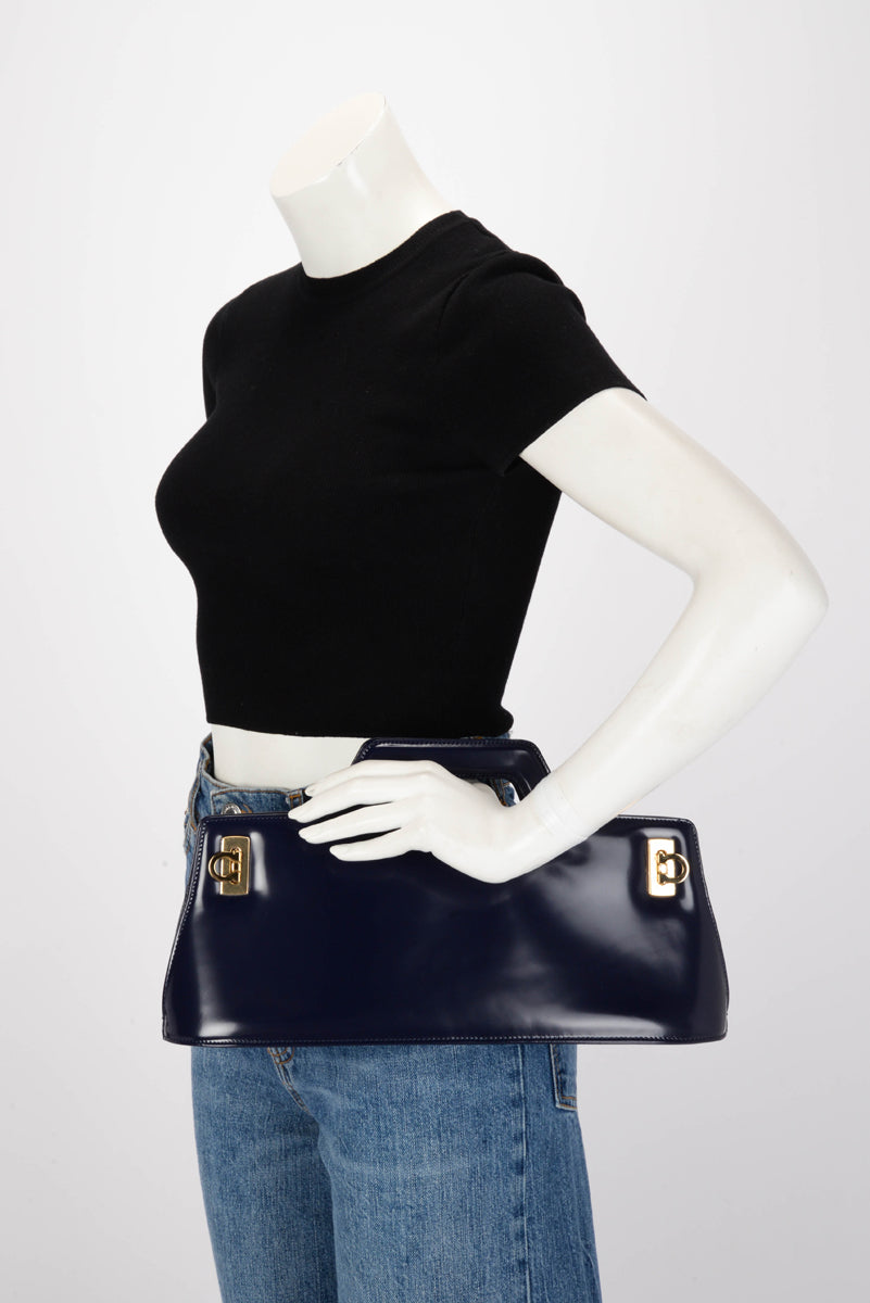 Ferragamo Navy Hi-Shine Wanda East West Bag
