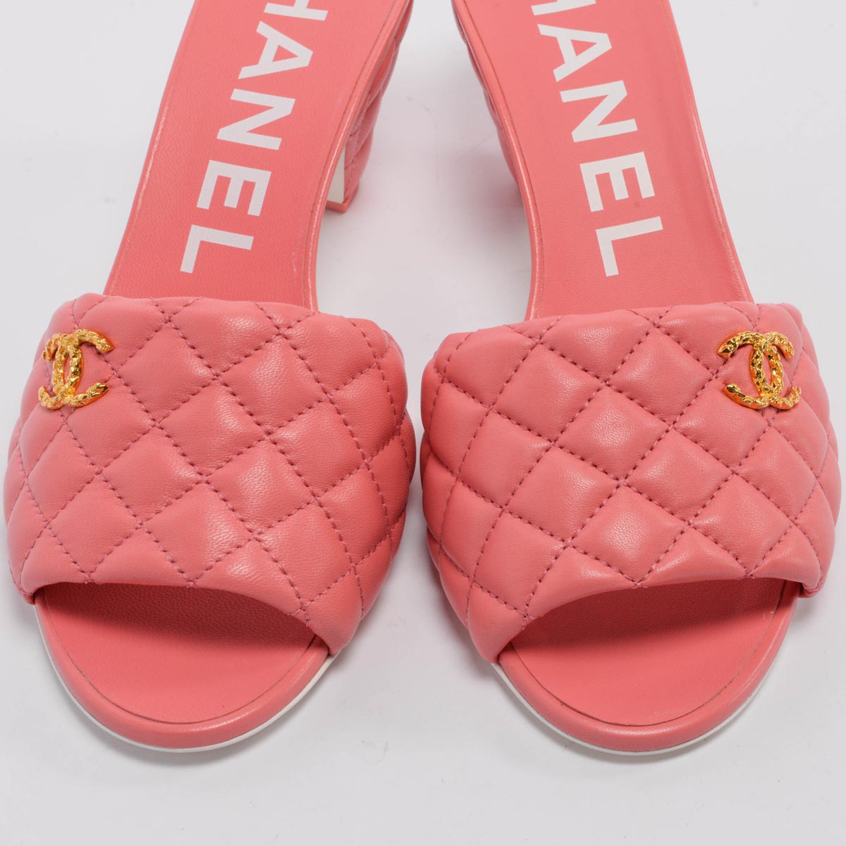 Chanel Coral Quilted Lambskin Textured CC Mules 40