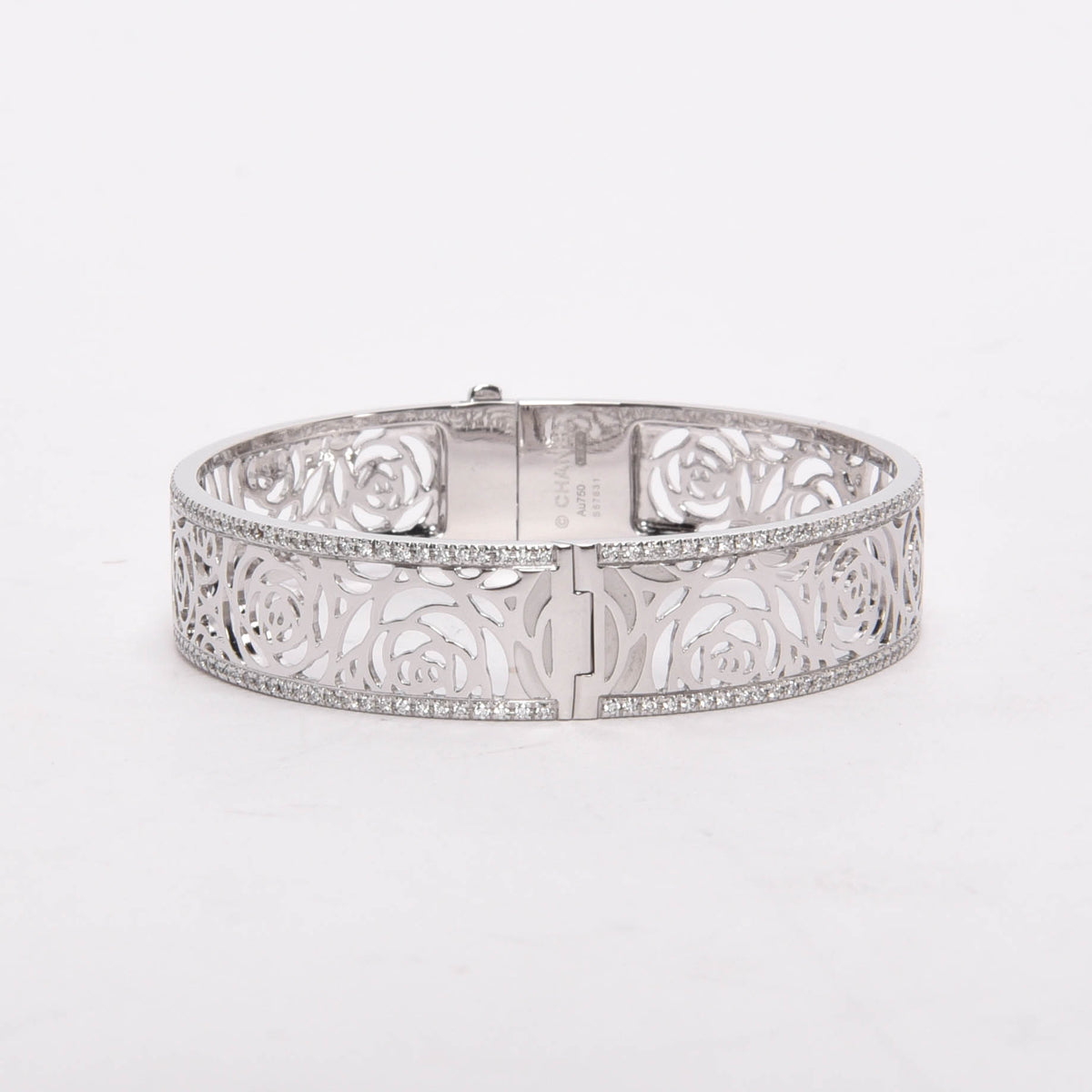 Chanel 18k White Gold & Diamond Camellia Ajoure Bangle