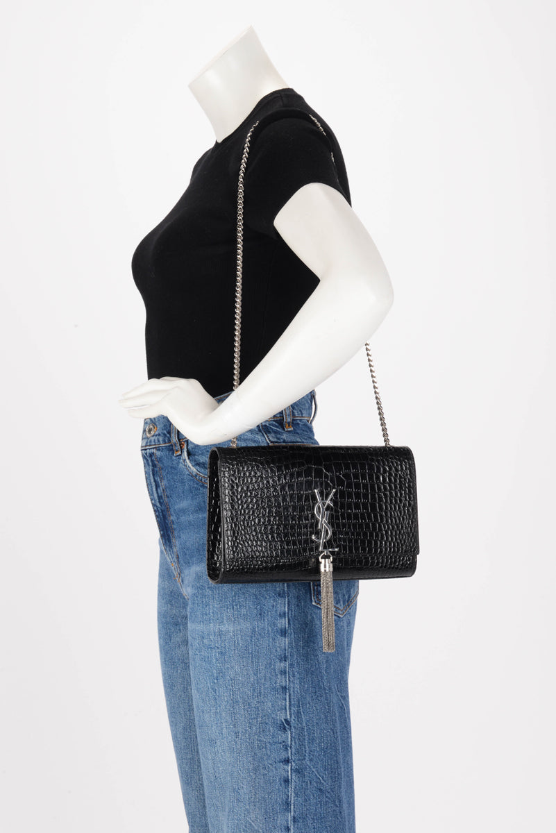 Saint Laurent Black Croc Embossed Medium Kate Tassel Bag