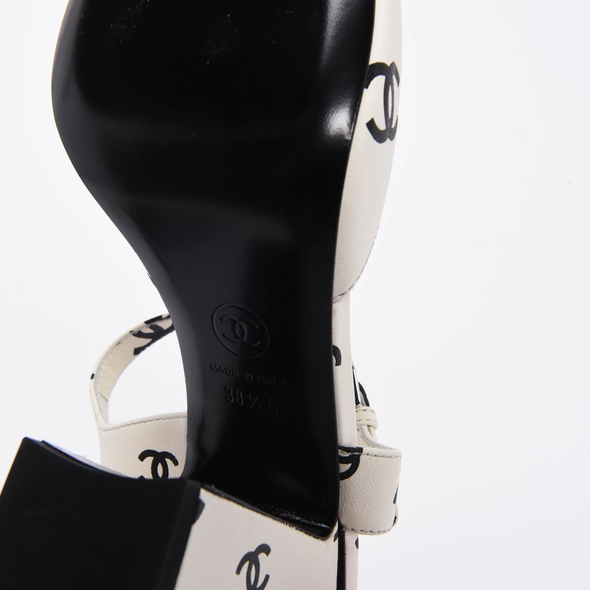 Chanel White & Black Lambskin CC Printed Sandals 38.5