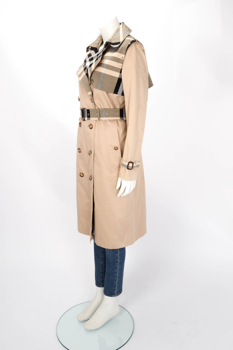 Burberry Soft Fawn Cotton Gabardine Check Panel Trench Coat UK 12