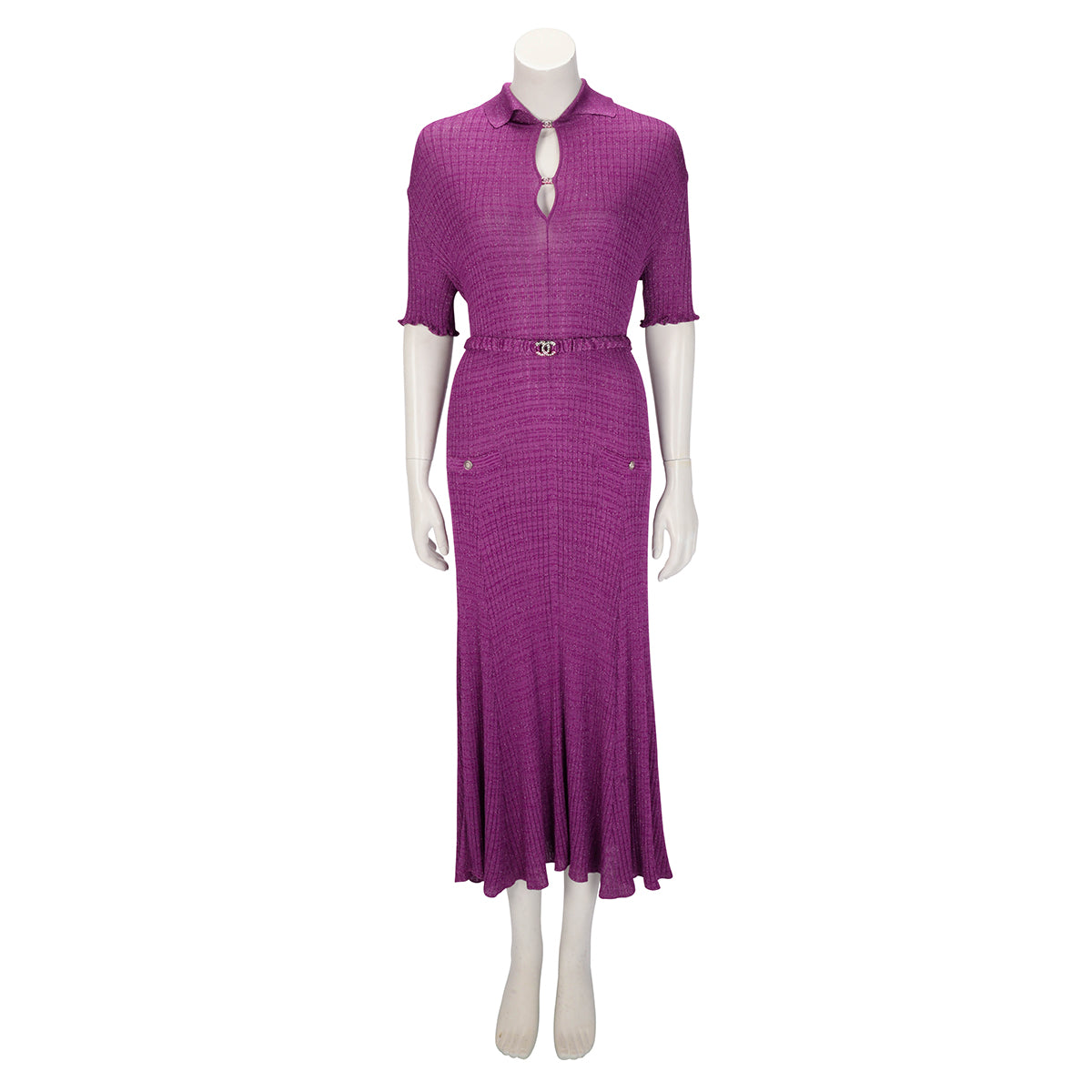Chanel Purple Ribbed Lurex Collared Midi Dress FR 48