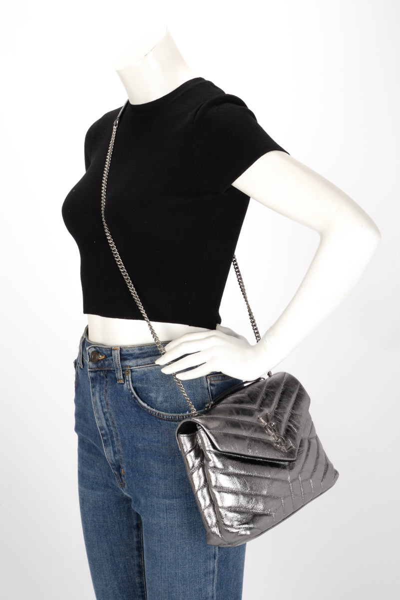 Saint Laurent Silver Metallic Chevron Small Lou Lou Bag