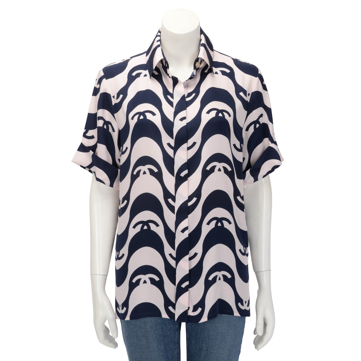 Chanel Pink & Navy Silk CC Wave Print Shirt FR 38