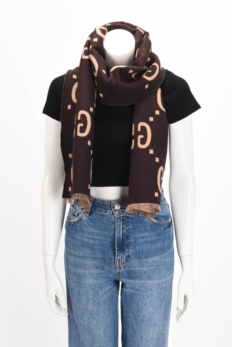 Gucci Beige & Brown Wool Silk GG Jacquard Scarf