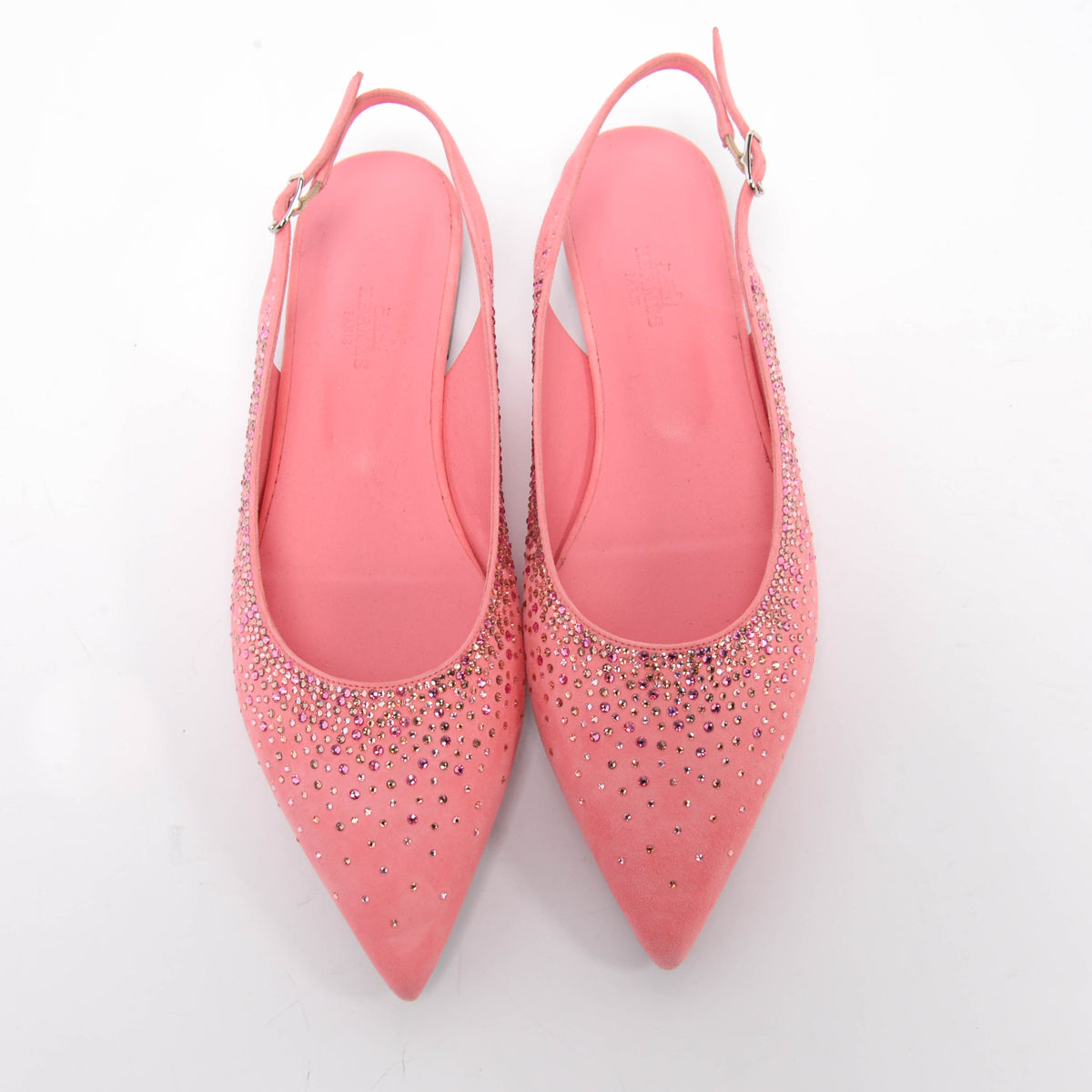 Hermes Rose Jaipur Suede & Strass Brilliante Slingback Flats 39