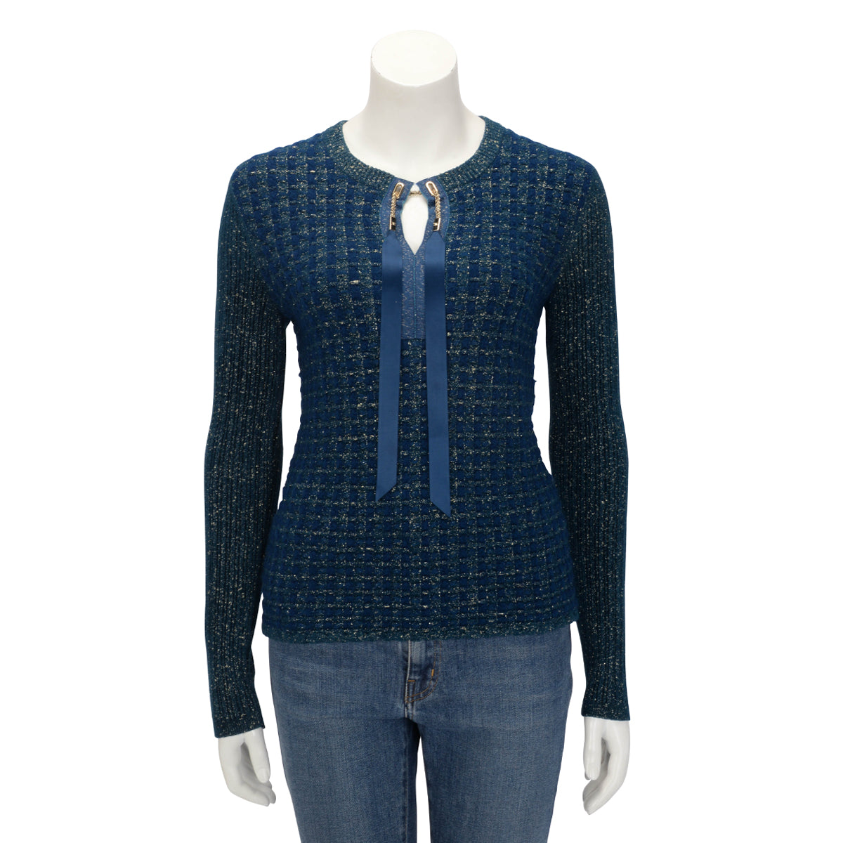 Chanel Blue & Gold Lurex Knit Chain Drawstring Sweater FR 38