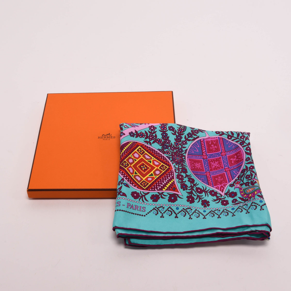 Hermes Teal Silk L'Arbre de Vie Scarf