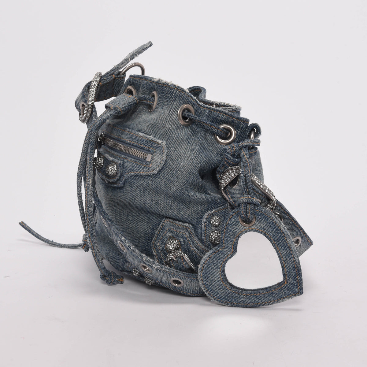 Balenciaga Blue Denim & Crystal BB Monogram Le Cagole Bucket Bag