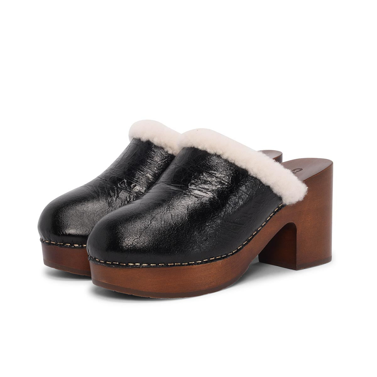 Chanel Black Crackled Sheepskin CC Clogs 38