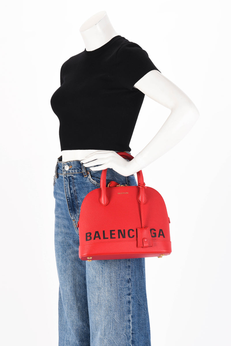 Balenciaga Red Calfskin Small Logo Ville Bag