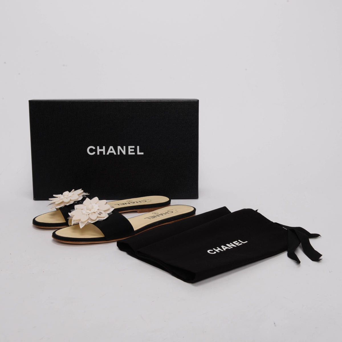 Chanel Black Grosgrain Floral Embellished Sandals 37