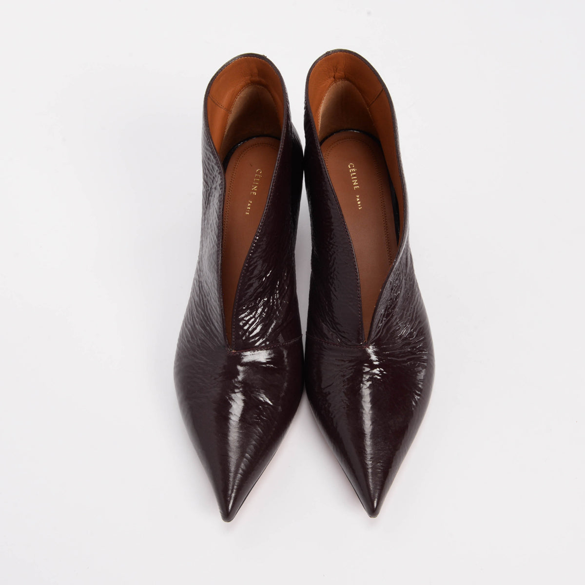 Celine Burgundy Crinkled Patent V-Neck Ankle Pumps 38