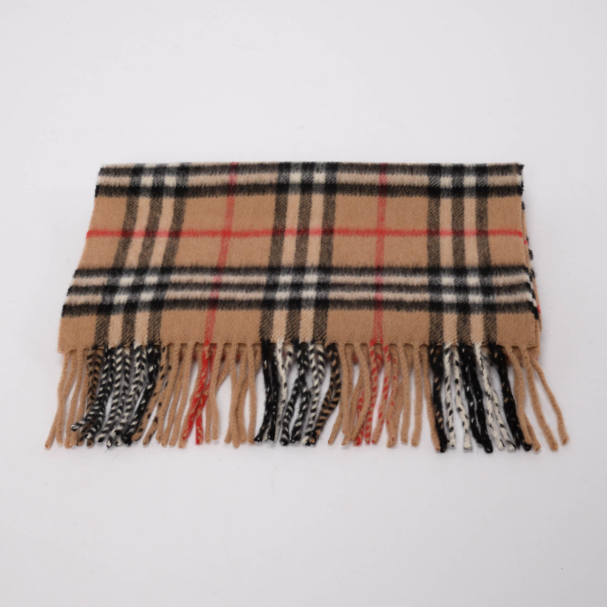 Burberry Camel Cashmere House Check Fringed Scarf