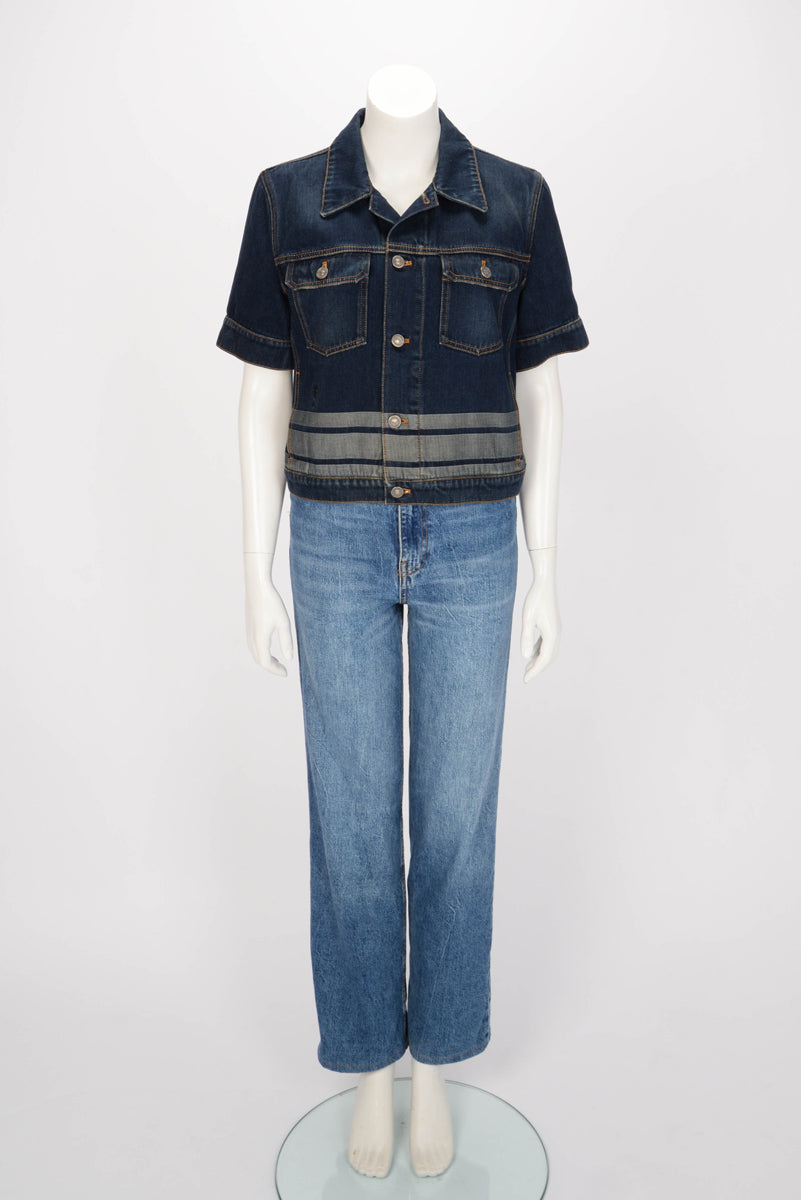 Dior Blue Denim Couture Short Sleeve Cropped Jacket FR 44