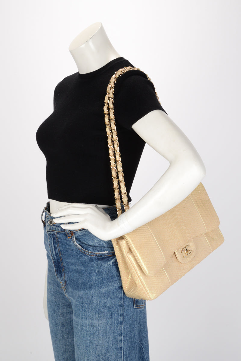 Chanel Light Beige Iridescent Python Large Double Flap Bag