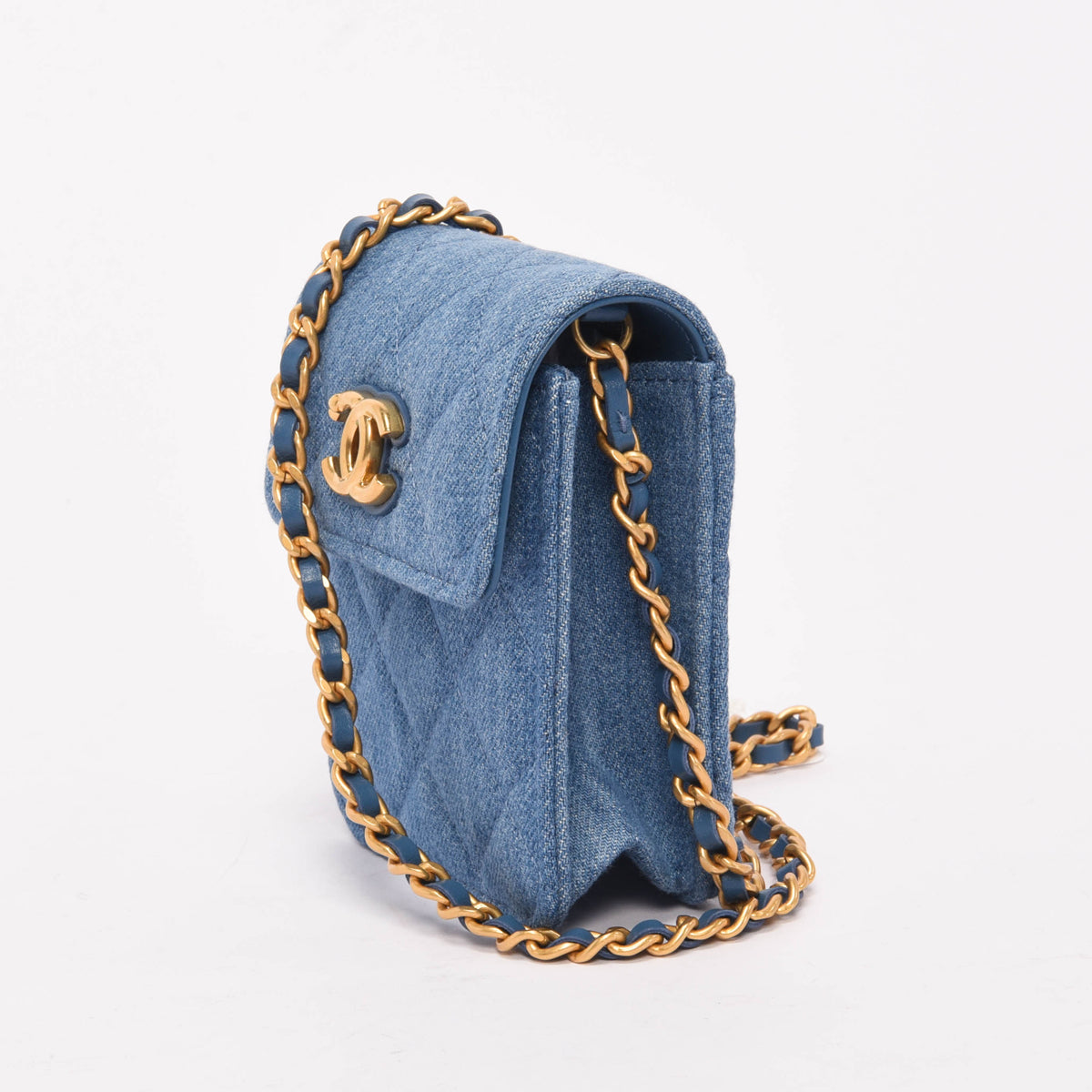 Chanel Blue Quilted Denim Flap Clutch With Chain