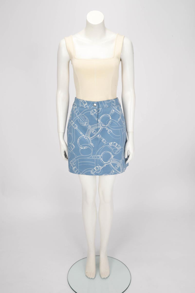 Hermes Bleu Arctique Cotton Eperon d'Or Finesse Mini Skirt FR 40
