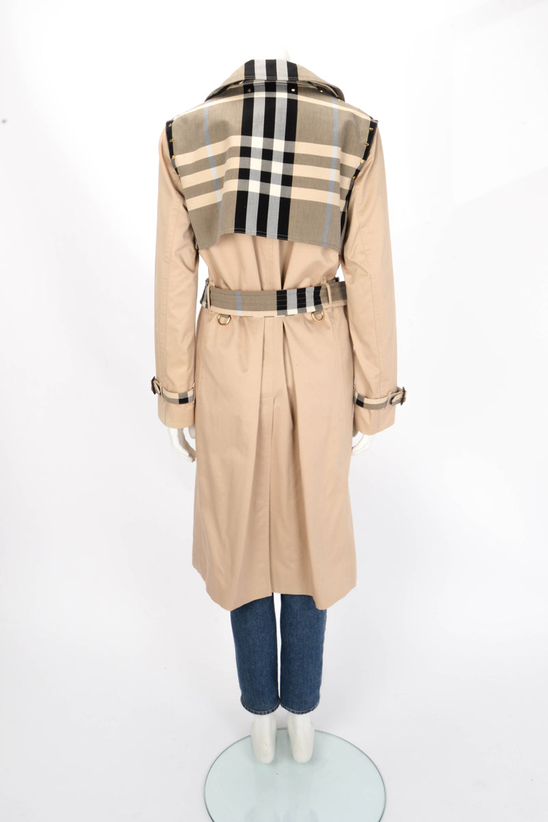 Burberry Soft Fawn Cotton Gabardine Check Panel Trench Coat UK 12